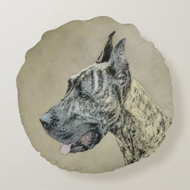 Great Dane (Brindle) Painting - Original Dog Art Round Cushion (Back)