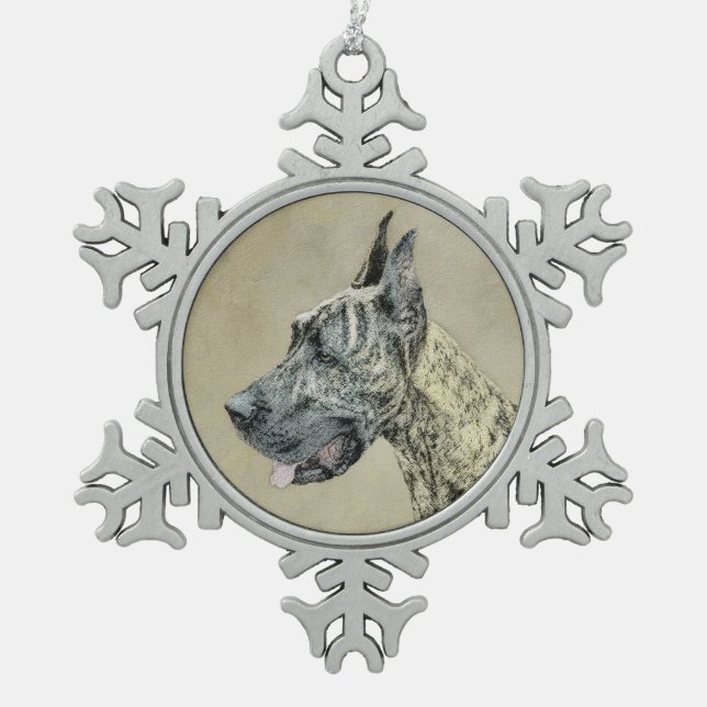 Great Dane (Brindle) Painting - Original Dog Art Snowflake Pewter Christmas Ornament (Front)