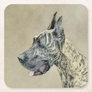 Great Dane (Brindle) Painting - Original Dog Art Square Paper Coaster