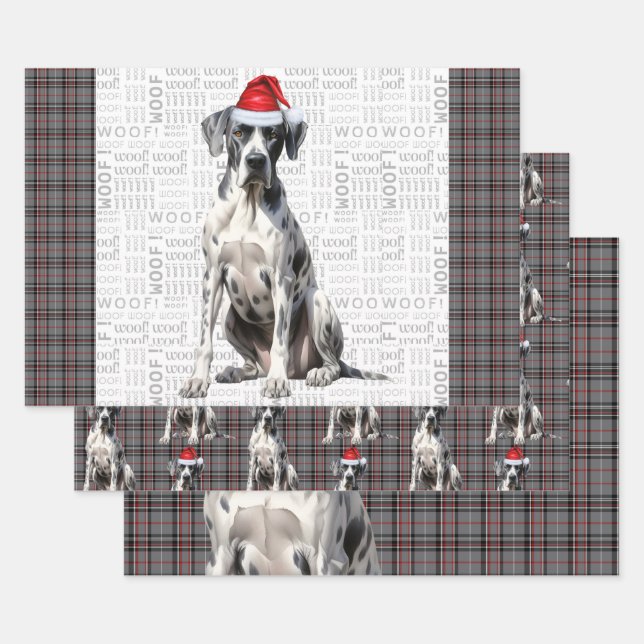 Great Dane Christmas Dog Red Grey Plaid Wrapping Paper Sheet (Set)