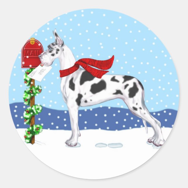 Great Dane Christmas Mail Harlequin Classic Round Sticker (Front)