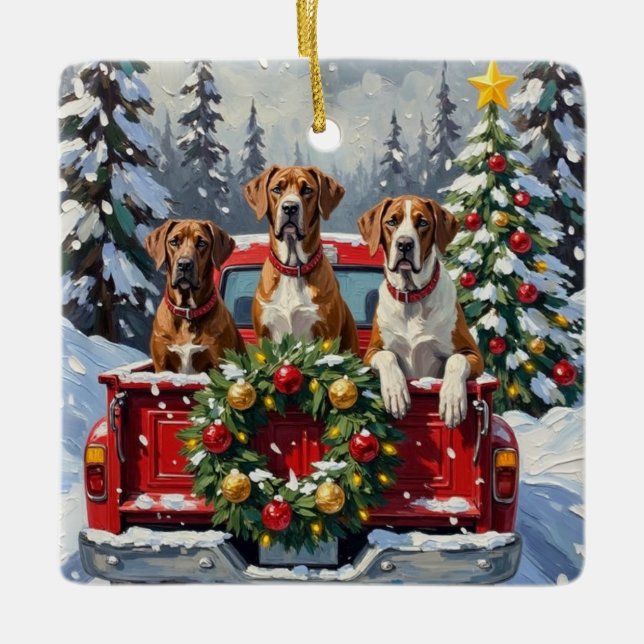 Great Dane Christmas Red Truck Holiday Ceramic Ornament (Front)