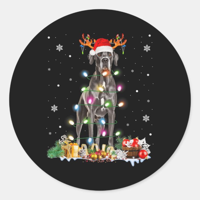 Great Dane Christmas Santa Hat Fairy Lights Pajama Classic Round Sticker (Front)