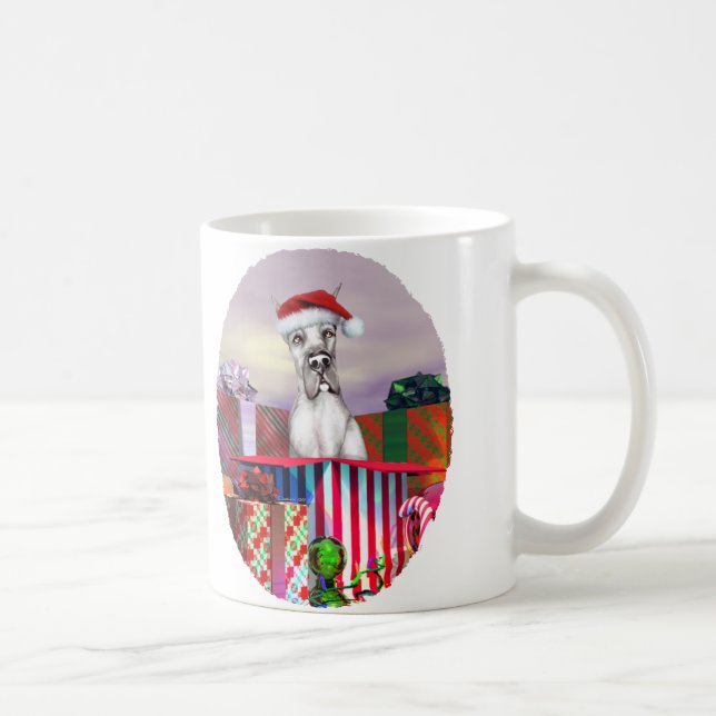 Great Dane Christmas Surprise Black Coffee Mug (Right)