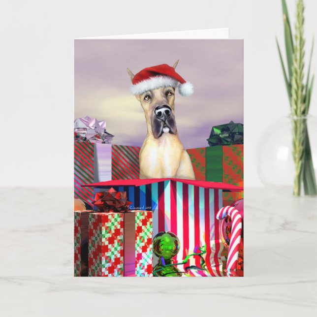 Great Dane Christmas Surprise Fawn Holiday Card (Front)