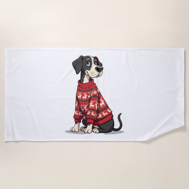 Great Dane Christmas Sweater dog Beach Towel (Front)