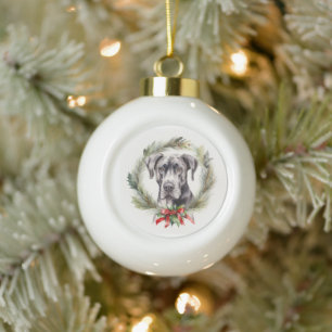 Great Dane Christmas Wreath Festive Pup Ceramic Ball Christmas Ornament