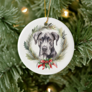 Great Dane Christmas Wreath Festive Pup Ceramic Tree Decoration