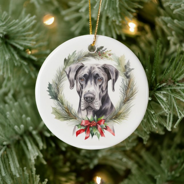 Great Dane Christmas Wreath Festive Pup  Ceramic Tree Decoration (Tree)