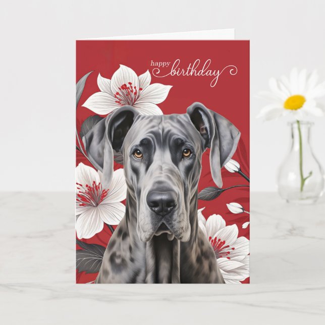 Great Dane Dog Birthday White Lilies on Red Card (Small Plant)