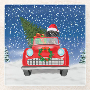 Great Dane Dog Driving Car In Snow Christmas Glass Coaster