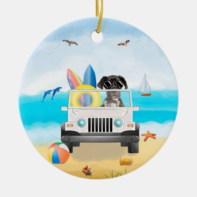 great dane Dog Driving on Beach  Ceramic Tree Decoration (Front)