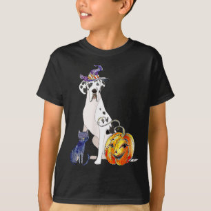 Great Dane Dog Halloween Harlequin Witch Pumpkin T-Shirt