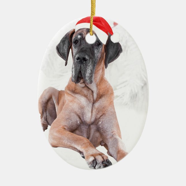 Great Dane Dog Hat Merry Christmas Ceramic Tree Decoration (Front)