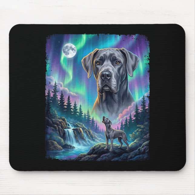 Great dane dog howling northern lights aurora moon mouse pad (Front)