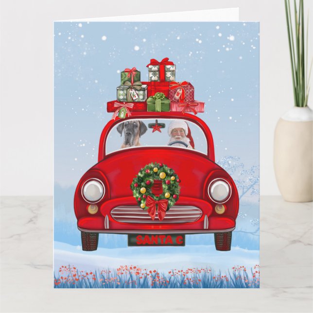 Great Dane Dog In Car With Santa Claus  Card (Front)