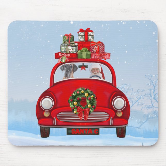 Great Dane Dog In Car With Santa Claus Mouse Pad (Front)