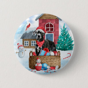 Great Dane Dog In snow Christmas Dog House 6 Cm Round Badge