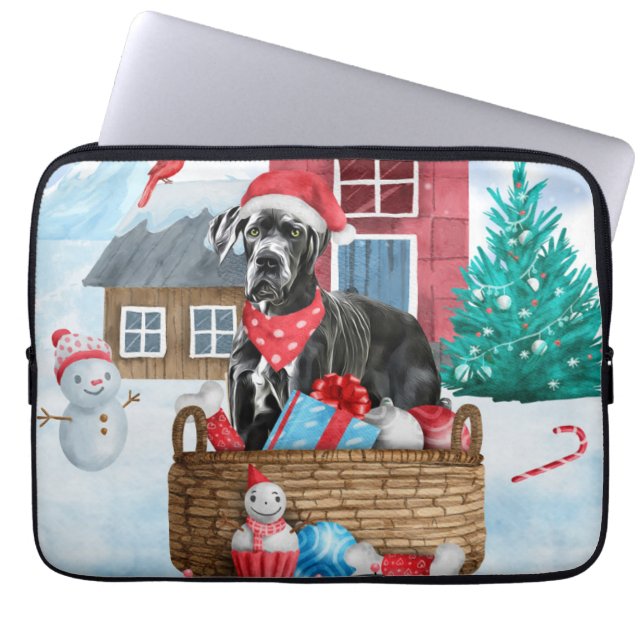 Great Dane Dog In snow Christmas Dog House Laptop Sleeve (Front)