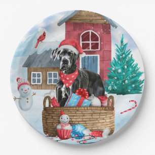 Great Dane Dog In snow Christmas Dog House Paper Plate