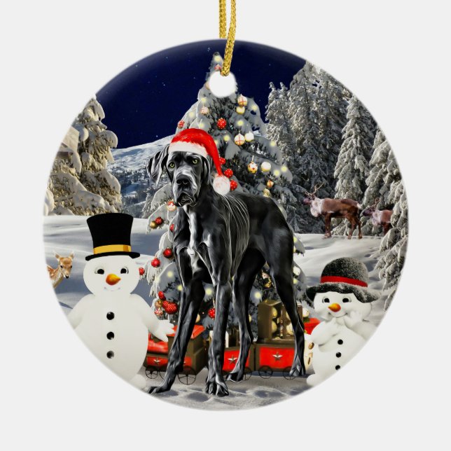 Great Dane Dog In Snow Christmas Hat Lights Ceramic Tree Decoration (Front)