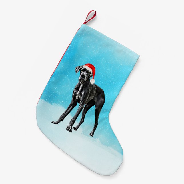 Great Dane Dog In Snow Christmas Hat Small Christmas Stocking (Front (Hanging))