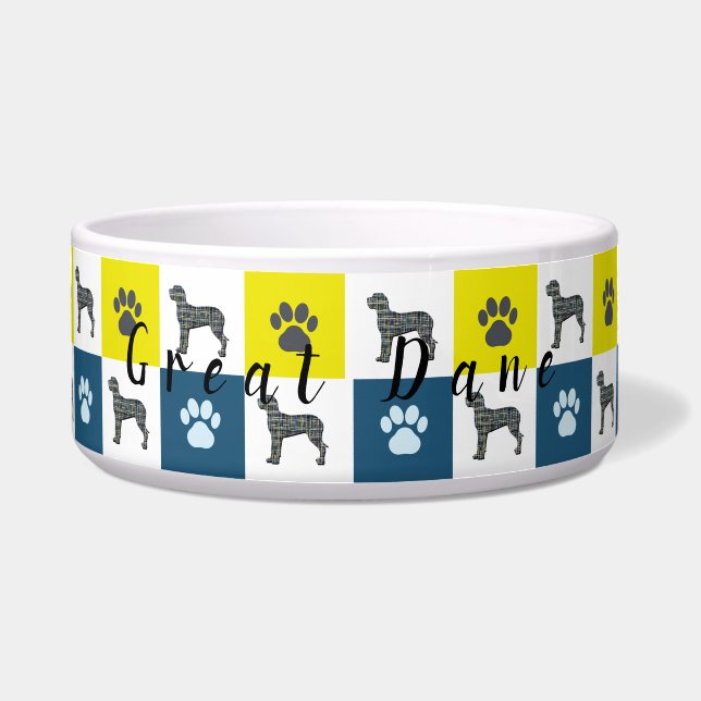 Great Dane Dog & Paw Print Yellow Grid Pet Bowl (Front)