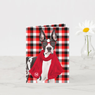 Great Dane Dog Red and Black Plaid Monogrammed Card