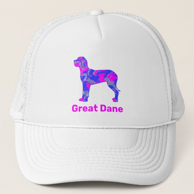 Great Dane Dog Silhouette Hot Pink & Blue Trucker Hat (Front)