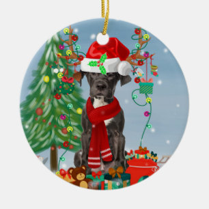 Great Dane dog with Christmas gifts Ceramic Tree Decoration
