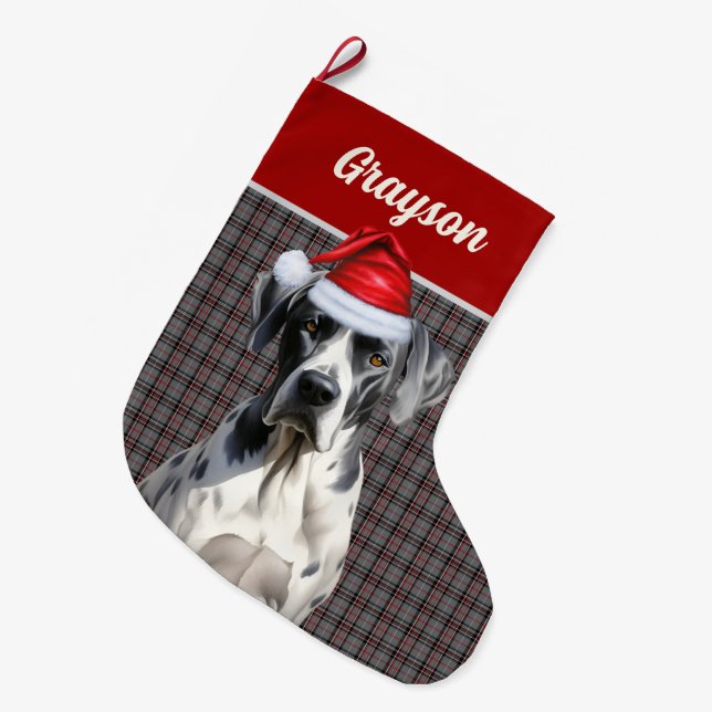 Great Dane Dog's Name Grey Red Plaid Personalised Large Christmas Stocking (Front (Hanging))