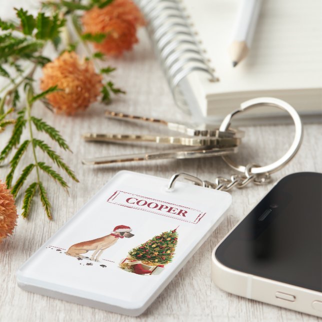 Great Dane Funny Christmas Dog with Tree Key Ring (Front Right)