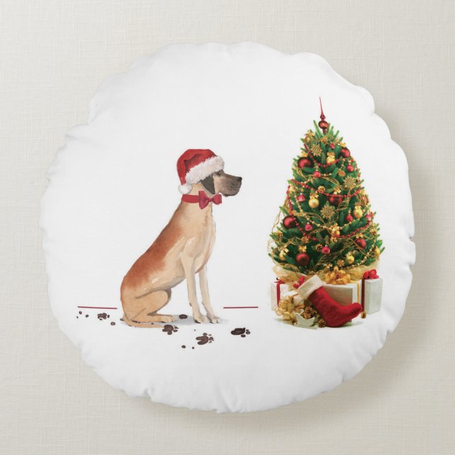 Great Dane Funny Christmas Dog with Tree Round Cushion (Front)