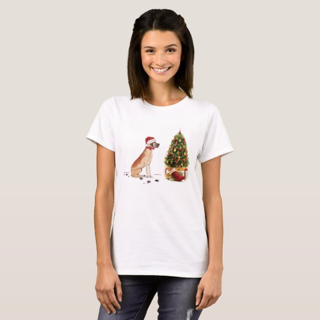 Great Dane Funny Christmas Dog with Tree T-Shirt (Front Full)