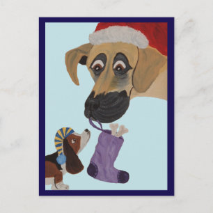 Great Dane giving Basset Hound Puppy a Stocking Postcard