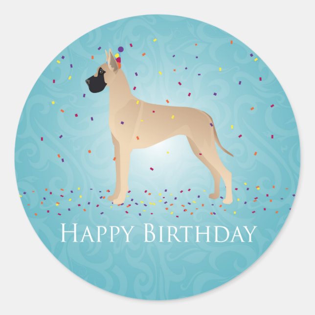 Great Dane Happy Birthday Design Classic Round Sticker (Front)