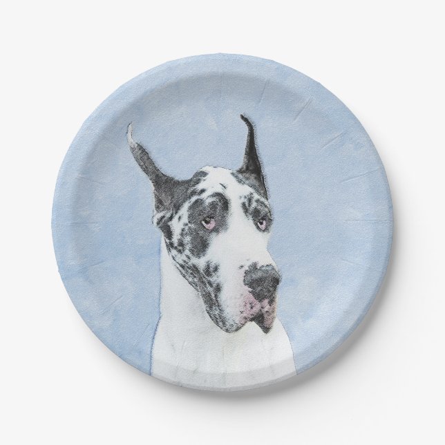Great Dane (Harlequin) Painting - Original Dog Art Paper Plate (Front)