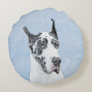 Great Dane (Harlequin) Painting - Original Dog Art Round Cushion
