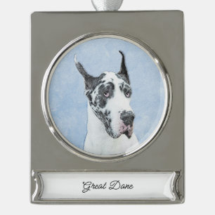 Great Dane (Harlequin) Painting - Original Dog Art Silver Plated Banner Ornament