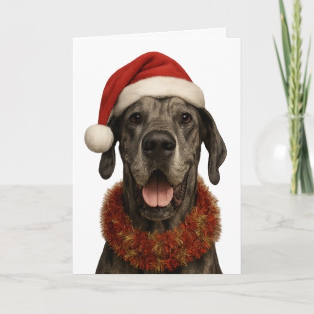 Great Dane in a Santa hat Christmas card (Front)