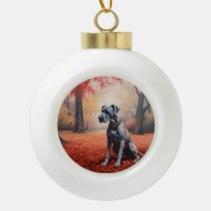 Great Dane in Autumn Leaves Fall Inspire Ceramic Ball Christmas Ornament