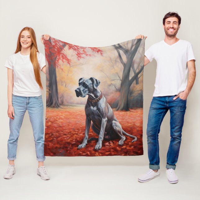 Great Dane in Autumn Leaves Fall Inspire  Fleece Blanket (In Situ)