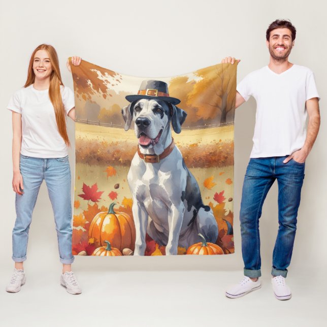 Great Dane In Autumn Leaves Thanksgiving Art Fleece Blanket (In Situ)