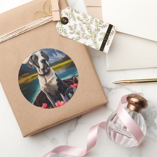 Great Dane on a Paddle: A Scenic Adventure Classic Round Sticker (Gifting)