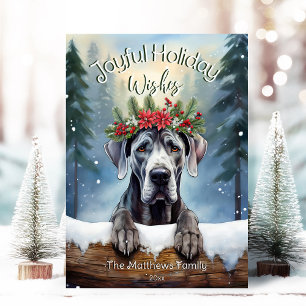 Great Dane Peeking Over a Snowy Log Pet Portrait Holiday Card