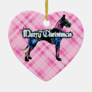 Great Dane Pink Plaid Heart Ornament