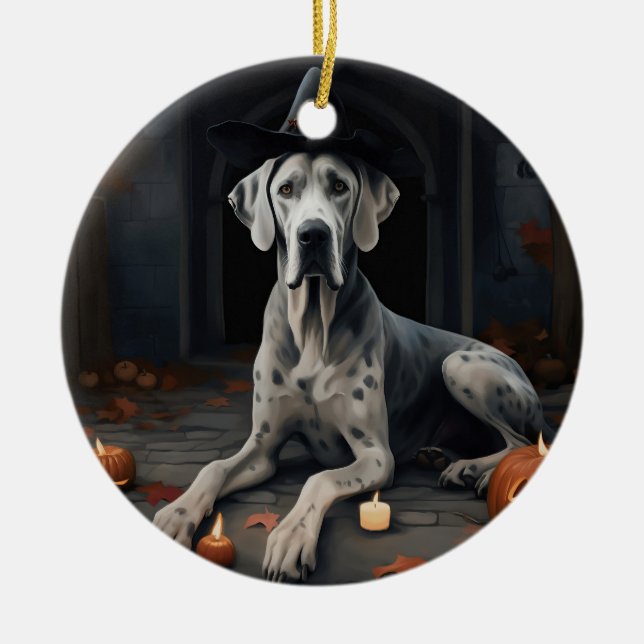 Great Dane Pumpkins Halloween Scary Flip Ceramic Tree Decoration (Front)