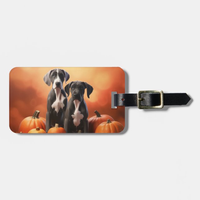 Great Dane Puppy Autumn Delight Pumpkin Luggage Tag (Front Horizontal)