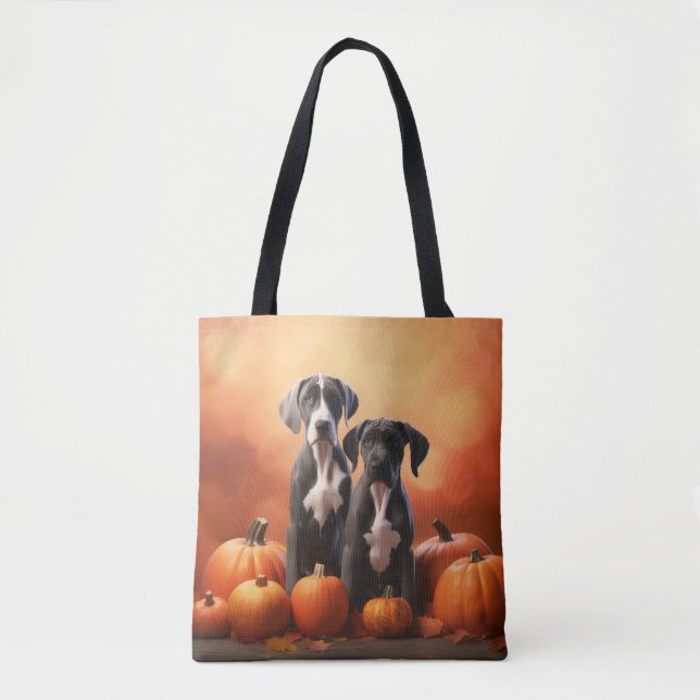 Great Dane Puppy Autumn Delight Pumpkin Tote Bag (Front)