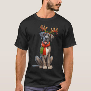 Great Dane Reindeer Santa Hat Xmas Lights Christma T-Shirt